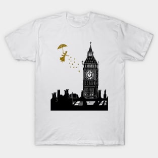 Mary Poppins and Big Ben Linocut in black and gold T-Shirt